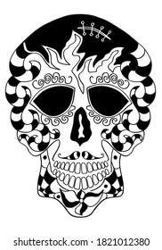 Mexican holiday Day of the Dead Celebration Festival and Halloween. Sugar skull  for poster, card, print, emblem, sign, tattoo, t-shirt. background. .  Black and white vector illustration 

