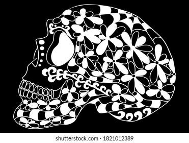 Mexican holiday Day of the Dead Celebration Festival and Halloween. Sugar skull  for poster, card, print, emblem, sign, tattoo, t-shirt. background. .  Black and white vector illustration 

