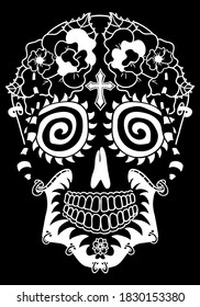 Mexican holiday Day of the Dead Celebration Festival and Halloween. Sugar skull  for poster, card, print, emblem, sign, tattoo, t-shirt. background. .  Black and white vector illustration 

