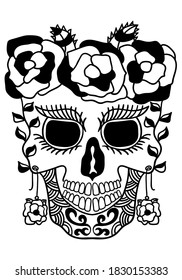 Mexican holiday Day of the Dead Celebration Festival and Halloween. Sugar skull  for poster, card, print, emblem, sign, tattoo, t-shirt. background. .  Black and white vector illustration 

