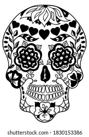 Mexican holiday Day of the Dead Celebration Festival and Halloween. Sugar skull  for poster, card, print, emblem, sign, tattoo, t-shirt. background. .  Black and white vector illustration 

