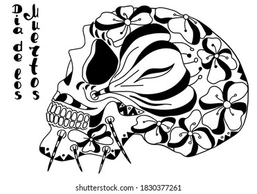 Mexican holiday Day of the Dead Celebration Festival and Halloween. Sugar skull  for poster, card, print, emblem, sign, tattoo, t-shirt. background. .  Black and white vector illustration 


