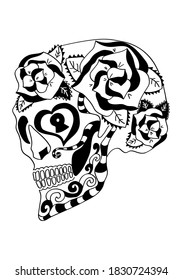 Mexican holiday Day of the Dead Celebration Festival and Halloween design. Sugar skull for poster, card, print, emblem, sign, tattoo, t-shirt. background. .  Black and white vector illustration 

