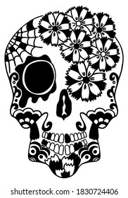 Mexican holiday Day of the Dead Celebration Festival and Halloween design. Sugar skull  for poster, card, print, emblem, sign, tattoo, t-shirt. background. .  Black and white vector illustration 

