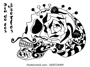 Mexican holiday Day of the Dead Celebration Festival and Halloween design. Sugar skull  for poster, card, print, emblem, sign, tattoo, t-shirt. background. .  Black and white vector illustration 

