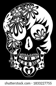 Mexican holiday Day of the Dead Celebration Festival and Halloween. Sugar skull  for poster, card, print, emblem, sign, tattoo, t-shirt. background. .  Black and white vector illustration 


