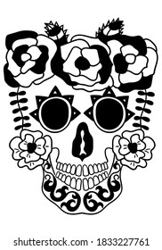 Mexican holiday Day of the Dead Celebration Festival and Halloween. Sugar skull  for poster, card, print, emblem, sign, tattoo, t-shirt. background. .  Black and white vector illustration 

