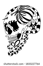 Mexican holiday Day of the Dead Celebration Festival and Halloween. Sugar skull  for poster, card, print, emblem, sign, tattoo, t-shirt. background. .  Black and white vector illustration 

