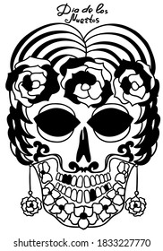 Mexican holiday Day of the Dead Celebration Festival and Halloween. Sugar skull  for poster, card, print, emblem, sign, tattoo, t-shirt. background. .  Black and white vector illustration 

