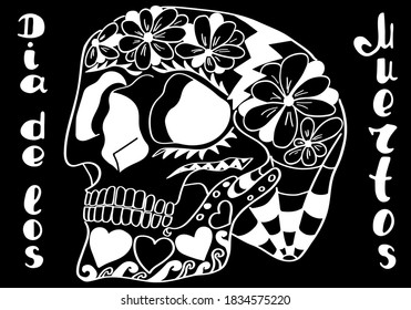 Mexican holiday Day of the Dead Celebration Festival and Halloween. Sugar skull  for poster, card, print, emblem, sign, tattoo, t-shirt. background. .  Black and white vector illustration 

