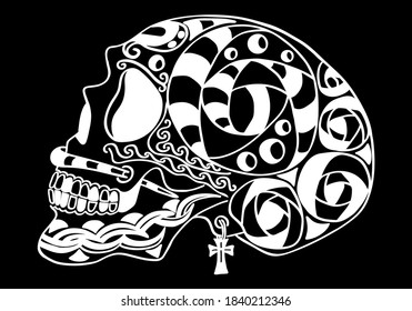 Mexican holiday Day of the Dead Celebration Festival and Halloween. Sugar skull  for poster, card, print, emblem, sign, tattoo, t-shirt. background. .  Black and white vector illustration 

