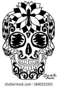 Mexican holiday Day of the Dead Celebration Festival and Halloween. Sugar skull  for poster, card, print, emblem, sign, tattoo, t-shirt. background. .  Black and white vector illustration 

