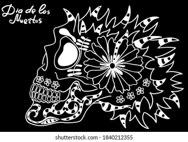 Mexican holiday Day of the Dead Celebration Festival and Halloween. Sugar skull  for poster, card, print, emblem, sign, tattoo, t-shirt. background. .  Black and white vector illustration 

