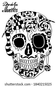 Mexican holiday Day of the Dead Celebration Festival and Halloween. Sugar skull  for poster, card, print, emblem, sign, tattoo, t-shirt. background. .  Black and white vector illustration 

