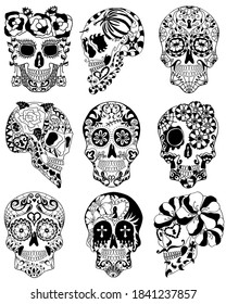 Mexican holiday Day of the Dead Celebration Festival and Halloween. Sugar skulls set  for poster, card, print, emblem, sign, tattoo, t-shirt, background.  Black and white vector illustration.