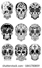 Mexican holiday Day of the Dead Celebration Festival and Halloween. Sugar skulls set  for poster, card, print, emblem, sign, tattoo, t-shirt, background.  Black and white vector illustration.
