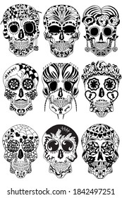 Mexican holiday Day of the Dead Celebration Festival and Halloween. Sugar skulls set  for poster, card, print, emblem, sign, tattoo, t-shirt, background.  Black and white vector illustration.