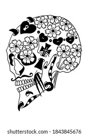 Mexican holiday Day of the Dead Celebration Festival and Halloween. Sugar skull  for poster, card, print, emblem, sign, tattoo, t-shirt, background.  Black and white vector illustration.