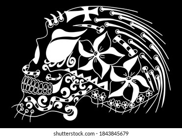 Mexican holiday Day of the Dead Celebration Festival and Halloween. Sugar skull  for poster, card, print, emblem, sign, tattoo, t-shirt, background.  Black and white vector illustration.