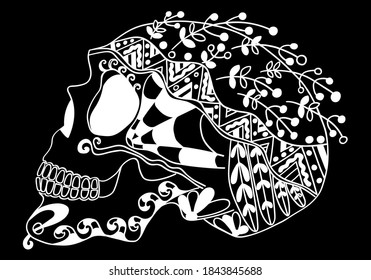 Mexican holiday Day of the Dead Celebration Festival and Halloween. Sugar skull  for poster, card, print, emblem, sign, tattoo, t-shirt, background.  Black and white vector illustration.