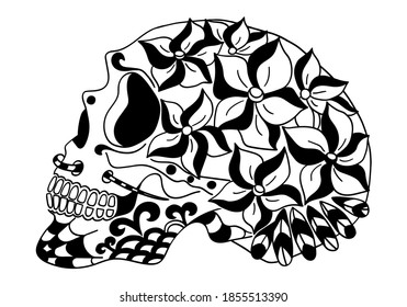 Mexican holiday Day of the Dead Celebration Festival and Halloween. Sugar skull  for poster, card, print, emblem, sign, tattoo, t-shirt, background.  Black and white vector illustration.