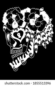 Mexican holiday Day of the Dead Celebration Festival and Halloween. Sugar skull  for poster, card, print, emblem, sign, tattoo, t-shirt, background.  Black and white vector illustration.