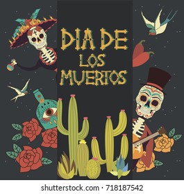 Mexican holiday "Day of the Dead" or "Dia de los muertos" with traditional sugar skulls. Editable Vector illustration.