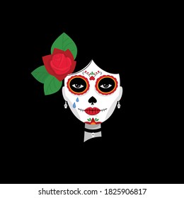 
Mexican holiday Day of the dead. Female head with the makeup of the skull and a red rose in her hair.