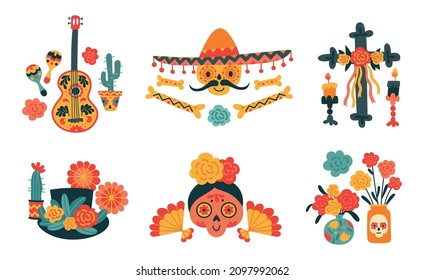 Mexican holiday day of dead flat compositions set with traditional colorful skull masks flowers cross musical instruments isolated vector illustration
