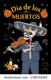 Mexican holiday. Day of the dead poster, Mexican sugar skull with instrument. 