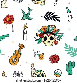 Mexican holiday day of dead seamless pattern, decorative skulls, candles, flowers