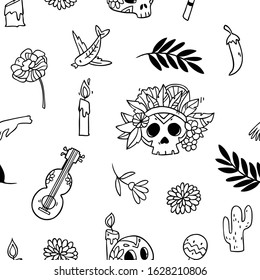 Mexican holiday day of dead seamless pattern, decorative skulls, candles, flowers