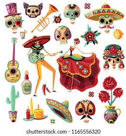 Mexican holiday day of dead set, ethnic music and dance, decorative masks, candles, flowers, isolated vector illustration    