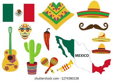 Mexican holiday day of dead set, ethnic music and dance, decorative masks. Dia de los muertos festival set icons, design element , cartoon style.