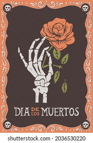Mexican holiday Day of the Dead. A skeleton hand holding a rose. Illustration for souvenir products