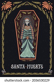 Mexican holiday Day of the Dead. The skeleton of the holy death in the coffin. Illustration for souvenir products