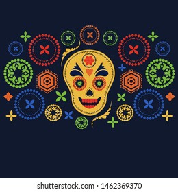 Mexican holiday, day of the dead, skull, floral design, banner, postcard, dark blue background, flat style, vector illustration