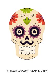 Mexican holiday Day of the Dead sugar skulls with floral and plant patterns. Mexico traditional festival symbol. Vector isolated eps illustration