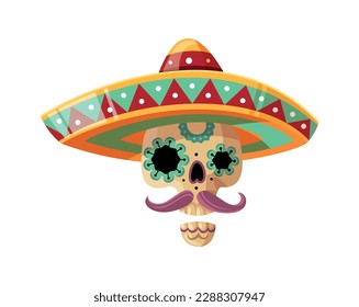 Mexican holiday day of dead symbol flat skull wearing sombrero vector illustration