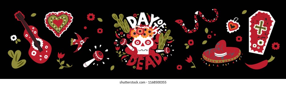 Mexican holiday Day of dead symbols set including skull, sombrero, snake, coffin, cacti, hearts, maracas, pepper, music instruments isolated. Vector illustration. For card, poster, banner, web