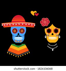 mexican holiday of the dead two skulls male and female costumes vector illustration