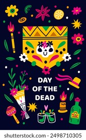 Mexican holiday. Death party poster. Day of dead. Mexico traditional festival. Muertos carnival. Sugar skulls. Fruits and flowers. Hispanic celebration. Vector cartoon