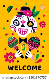 Mexican holiday. Death party poster. Day of dead. Mexico traditional festival. Muertos carnival. Sugar skulls. Fruits and flowers. Hispanic celebration. Vector cartoon