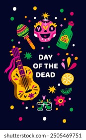 Mexican holiday. Death party poster. Day of dead. Traditional festival. Muertos carnival. Sugar skulls. Tequila bottle. Fruits and flowers. Hispanic celebration. Vector