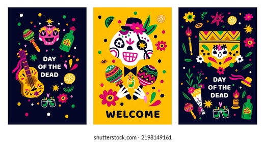 Mexican holiday. Death party posters. Day of dead. Latino style elements. Traditional festival. Muertos carnival. Sugar skulls and tequila. Garish vector cartoon