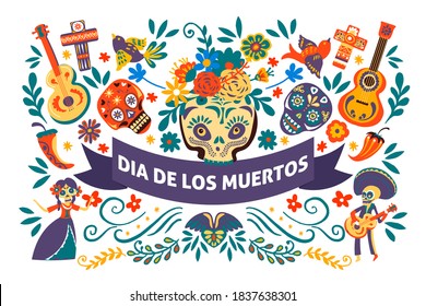 Mexican holiday Dia de los muertos, banner with symbols of cultural event. Day of the dead celebration, skulls and acoustic guitars, crosses and decorative vivid flowers, vector in flat style