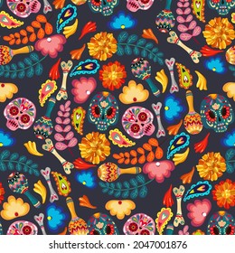 Mexican holiday. Die de los muertos. The day of the Dead. Vector illustration, festival, dark background, seamless pattern