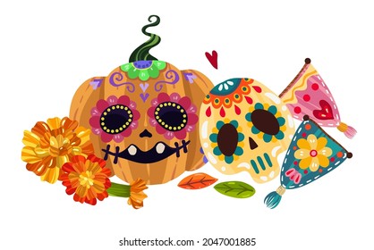 Mexican holiday. Die de los muertos. The day of the Dead. Vector illustration, festival, handmade, banner and card, print on t-shirt