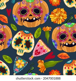 Mexican holiday. Die de los muertos. The day of the Dead. Vector illustration, festival, handmade, dark background, seamless pattern