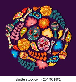 Mexican holiday. Die de los muertos. The day of the Dead. Vector illustration, festival, handmade, print on t-shirt, banner and card